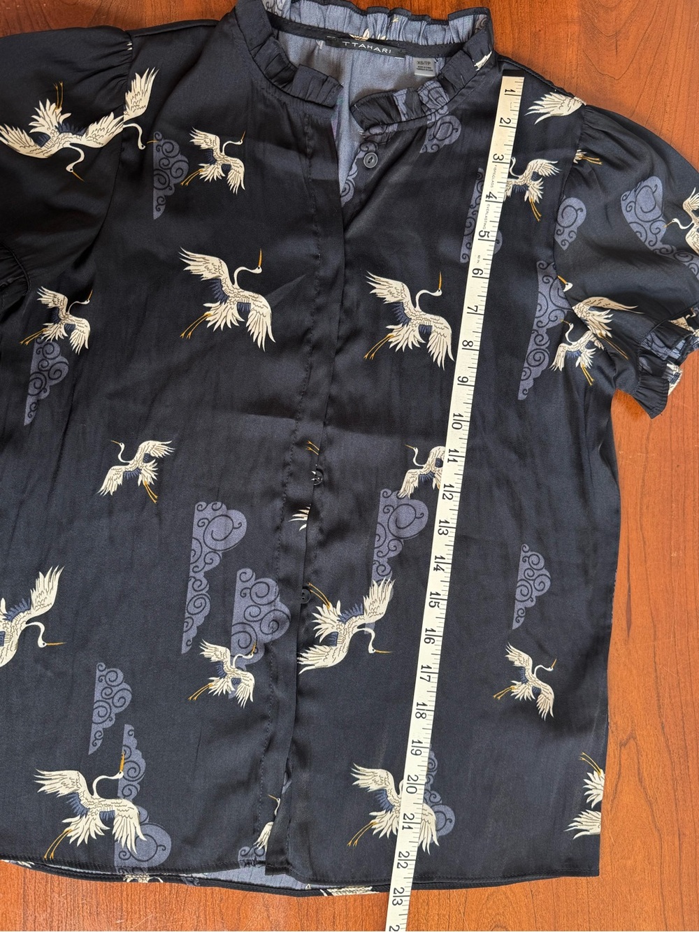 T Tahari Navy Crane Print Button Blouse with Ruffle Sleeves | Size XS - Picture 5 of 8